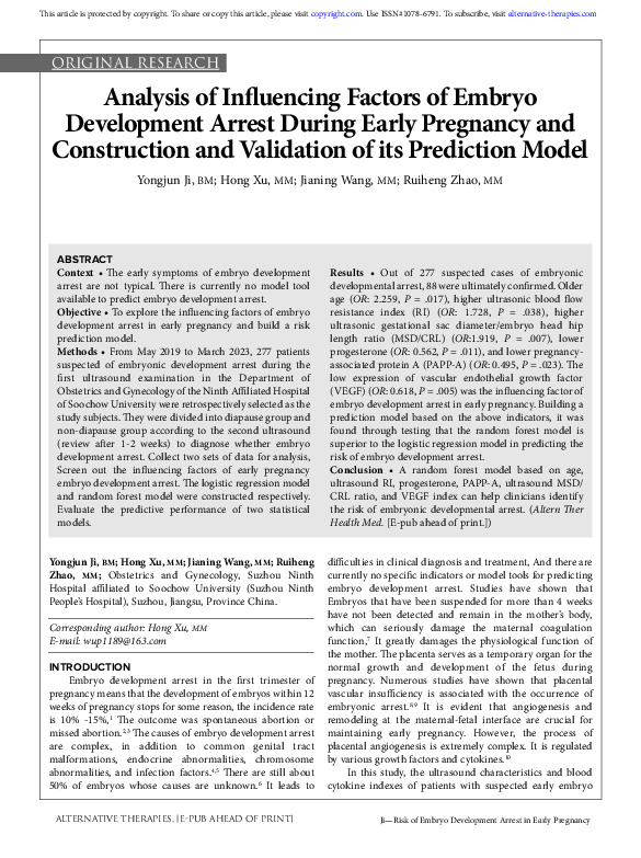 Analysis Of Influencing Factors Of Embryo Development Arrest During