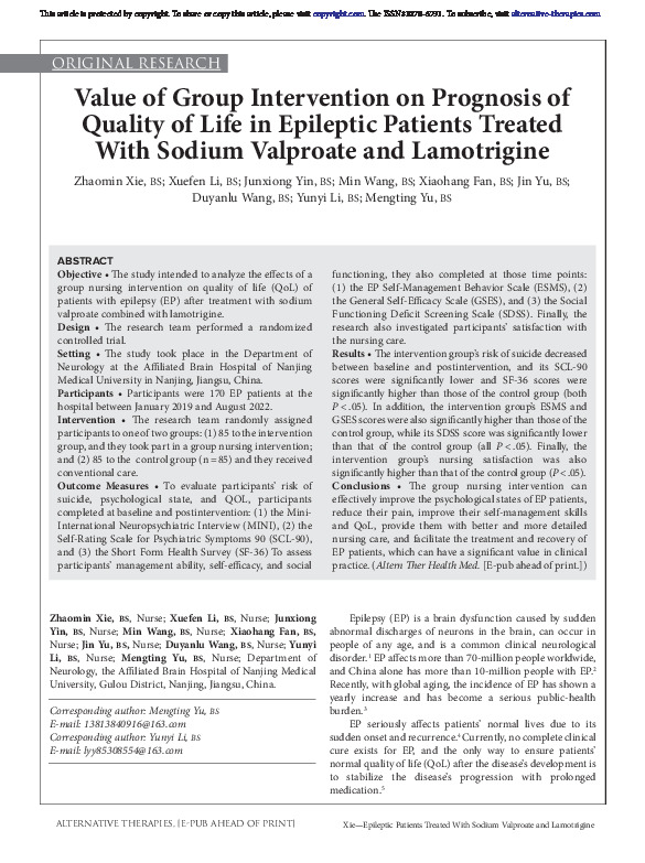 Value Of Group Intervention On Prognosis Of Quality Of Life In