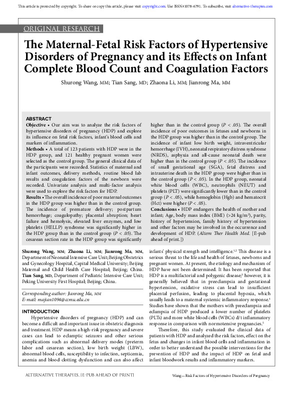 The Maternal Fetal Risk Factors Of Hypertensive Disorders Of Pregnancy